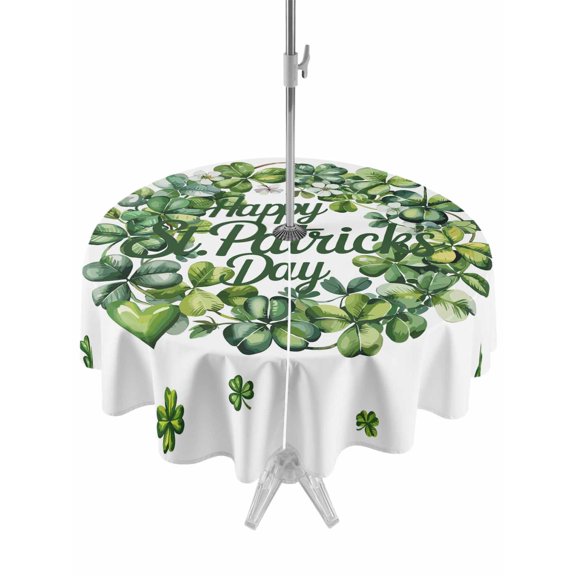 Outdoor Tablecloth with Umbrella Hole and Zipper, St Patrick's Day Round Table Cloth 60 Inch Waterproof Tablecloth, Green Lucky Shamrock Wreath Spring Vintage Picnic Table Cover for Patio Camping