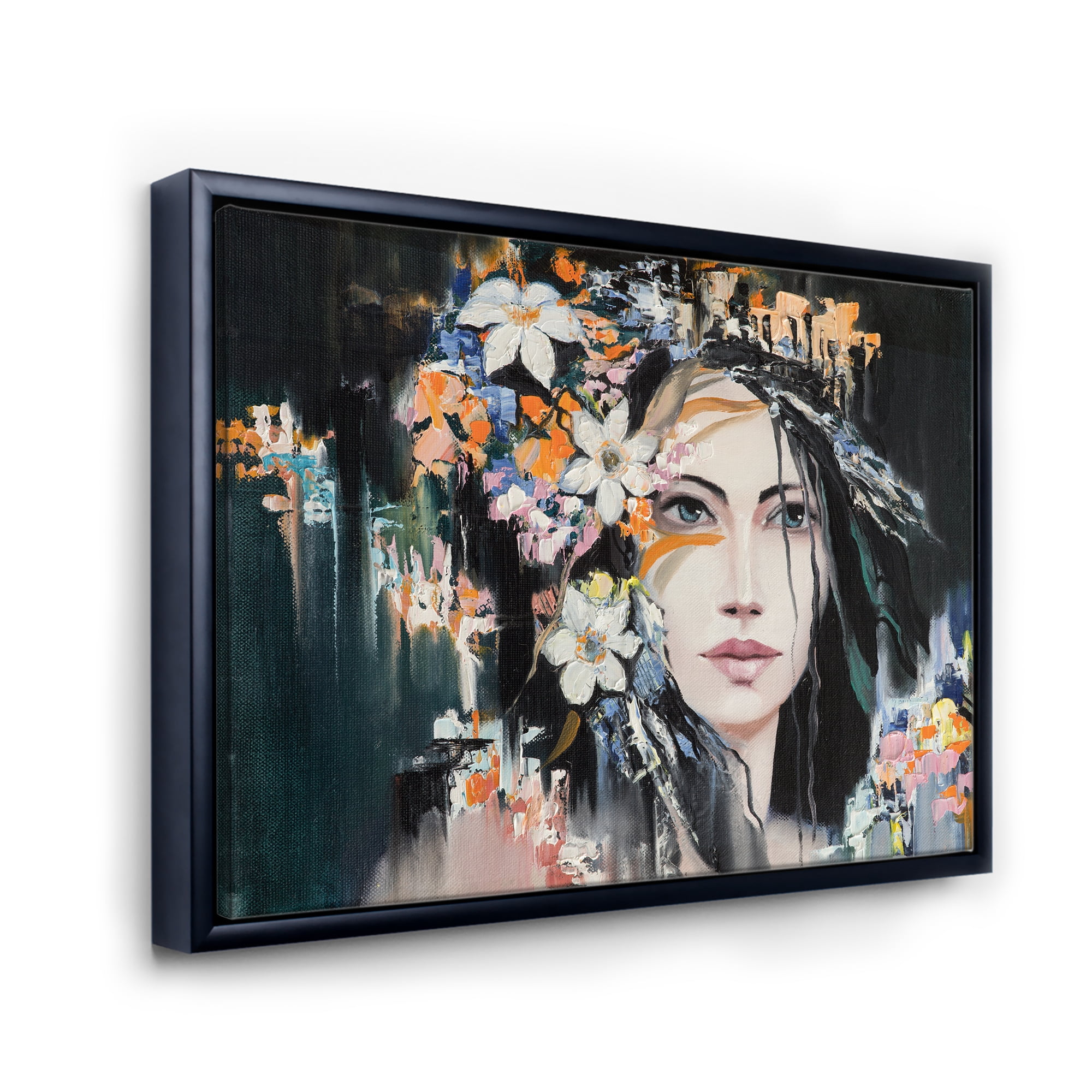 Designart 'Portrait Of A Young Woman With Flowers I' Modern Framed Canvas Wall Art Print