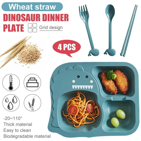 HLONK Kids Plates Set, 4 piece (Plates with Forks and Spoons) Lightweight Toddler Dishes , Dishwasher Baby Feeding Set with Divided Meal plates, Natural Wheat Straw Material (Dinosaur)