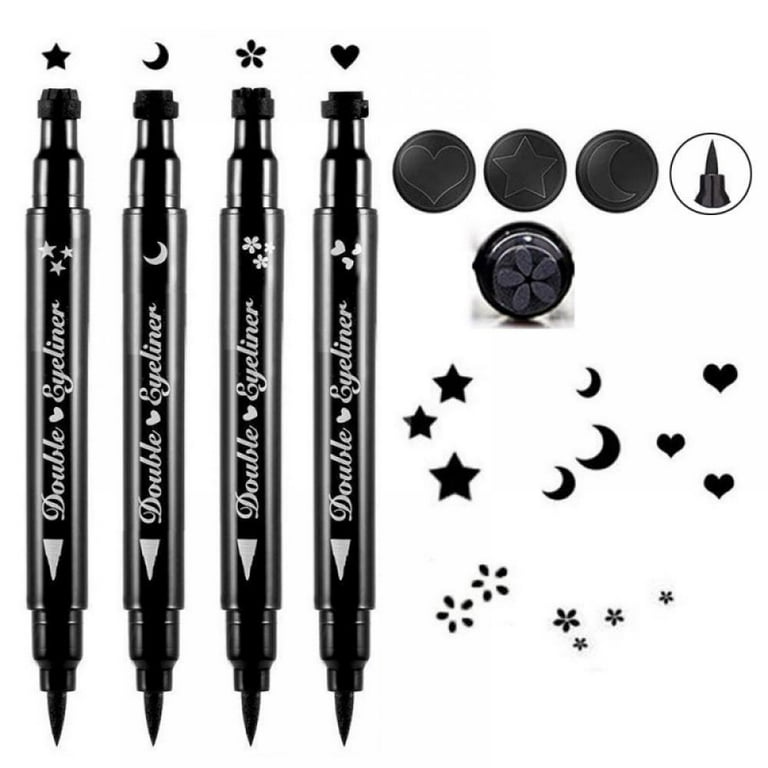 FATUXZ Double-headed Liquid Eyeliner Pen Stamp Super Slim Gel Felt Tip High  Pigment Black Waterproof Smudgeproof Long Lasting Tattoo Makeup  Tool(Heart/Moon/flower/Star Shape Stamp Pen 4 Styles/Set)