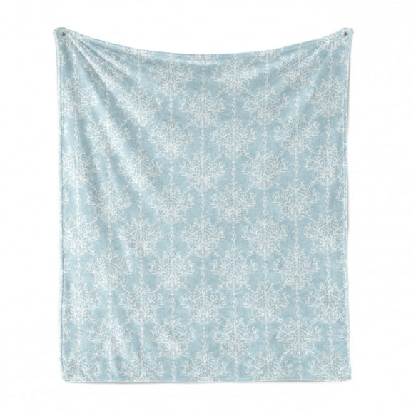 White Damask Soft Flannel Fleece Throw Blanket, Soft Tone Victorian Style Inspired Curls and Blooms Hand Drawn Like Strokes, Cozy Plush for Indoor and Outdoor Use, 70" x 90", Pale Blue, by Ambesonne