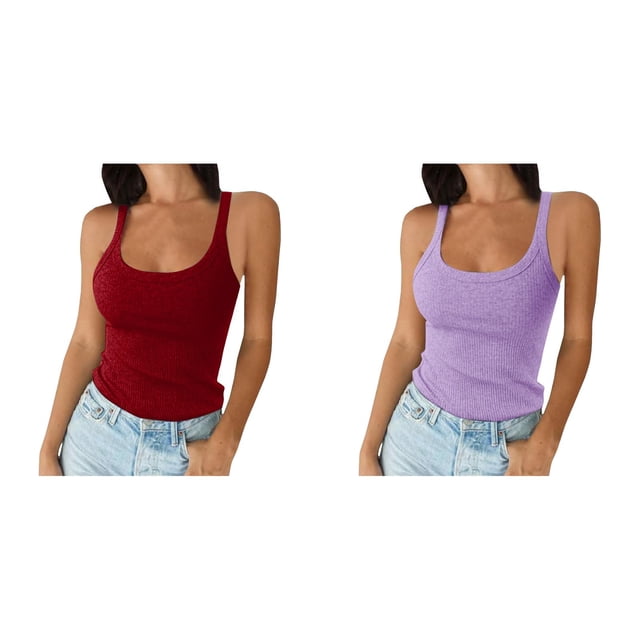 2 Pack(Purple 1PCS & Wine 1PCS) Multipack 4 Set Crop Top Women Spaghetti Strap Neck Ribbed Tank Tops Slim Fitted Camisole Basic Sleeveless Layering Shirts
