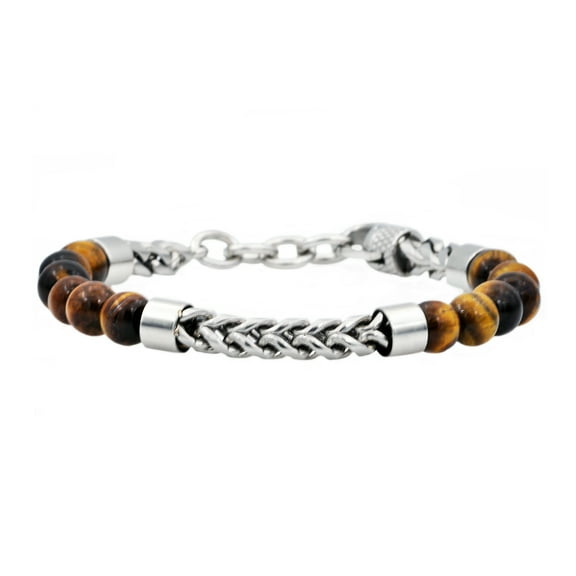 Arista Genuine Tiger Eye Men's Bracelet with Adjustable Clasp in Stainless Steel Beaded And Franco Link Chain , 8.5"