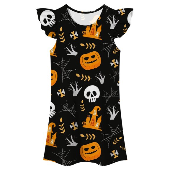 SJLDQY Halloween Girls Nightgowns Flutter Sleeve Cute Pumpkin Skull Graphic Pajama Dress for Girls Hallowmas Soft Princess Nightgown