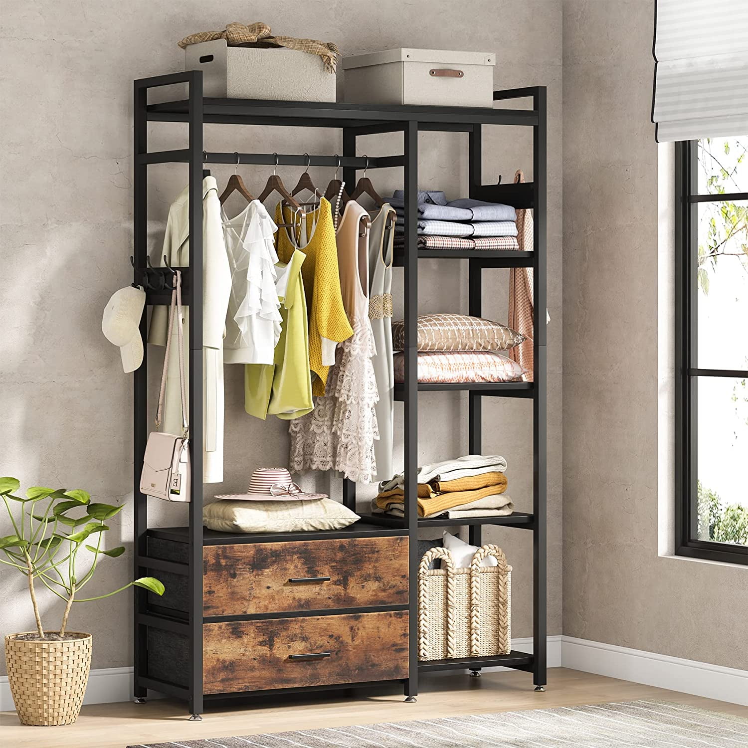 Freestanding Closet Organizer with Open Shelves & 2 Drawers