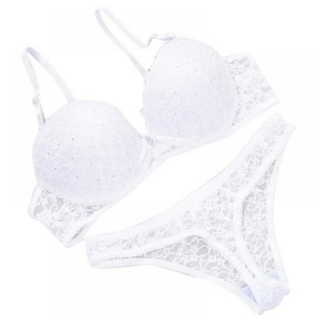 

Wuffmeow Sexy Women Lace Drill Bra Set Push Up Underwear Set Bra And Thong Set White 36B