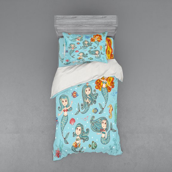 Ambesonne Cartoon Bedding Set 3 Pcs, Marine Creatures Art, Twin XL, Teal Orange