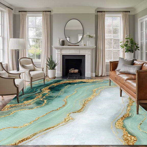 Rectangle Area Rugs 8 x 10 Ft, Sage Green Golden Marble Non-Slip Residential Carpet, Modern Abstract Art Marble Crack Indoor Crawling Mats Runner Rugs for Living Room/Dining Room/Bedroom
