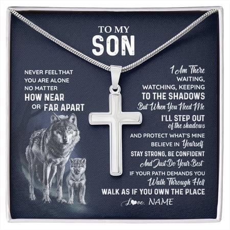 To My Son From Mom Dad Mother Father Never Feel You Are Alone Wolf Son Birthday Graduation Box Message Card, Multi Cross Necklace