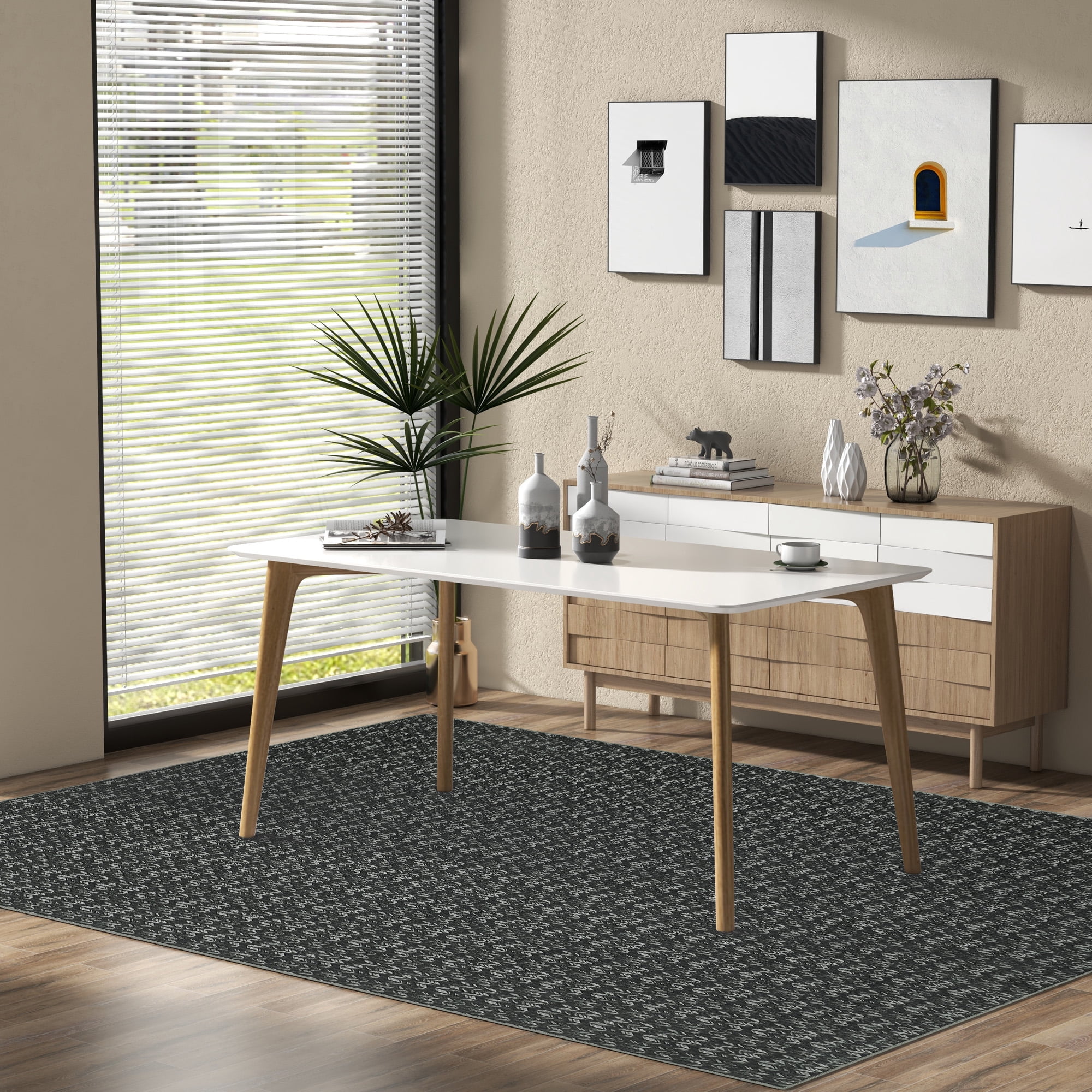 Garvee 5'x7' Braided Print Area Rug Modern Low Pile Non Slip Area Rug, Black