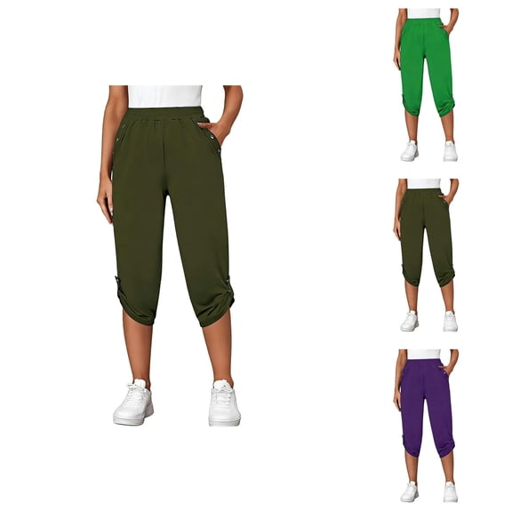 Capri Pants for Women Spring Summer Elastic Waist Straight Leg Cropped Pants with Pockets Womens Capris