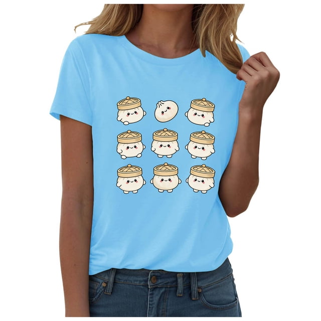 DXOUPM T-Shirts pour Femmes Mignon Imprimé Boulette Col Rond Manches Courtes Hauts d'Été Doux