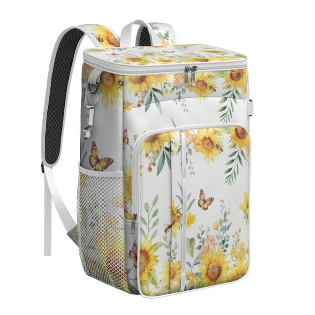 Floral Sunflower and Bee Illustration Insulated Cooler Backpack - 20L Picnic Backpack for Outdoor, Travel & Work, Rustic Yellow Pattern