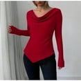 thumbnail image 2 of UTSJKR Womens Bell Long Sleeve Shirts Casual Cowl Neck Asymmetrical Slim Fit Crop Tops Y2K Going Out Spring Clothes Wine M, 2 of 4