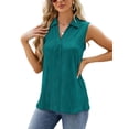 thumbnail image 3 of TEMOFON Women's Summer Tops Loose Sleeveless Tshirts Lapel Collar Tank Casual V Neck Solid Color Tee Striped Texture Green Tshirt Size M, 3 of 5