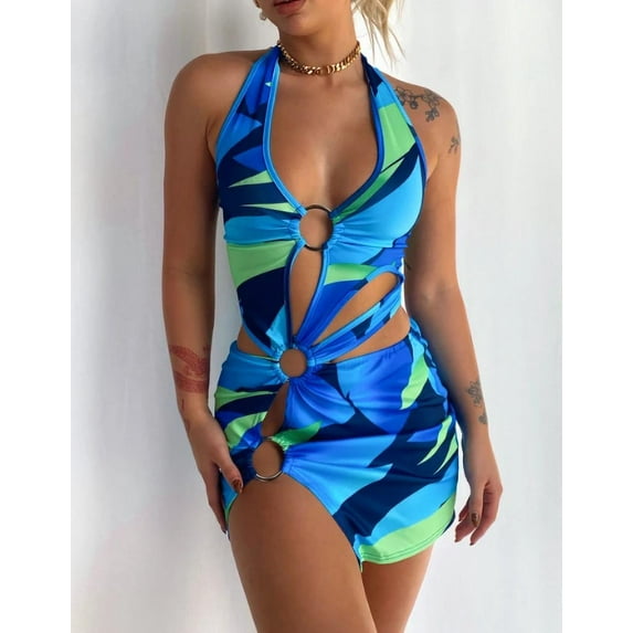 Okbabeha Women Dress Neck-Hanging Blue Dye Print Hollow Out Wrapped Slim Midi