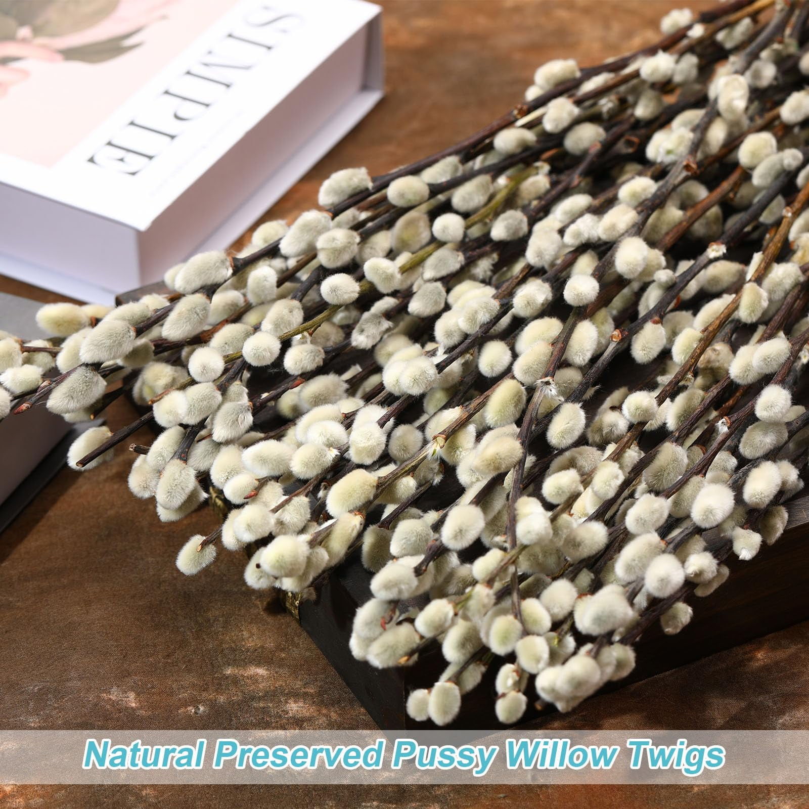 40Pcs Natural Preserved Dried Pussy Willow Branches for Vases, 15.7" Stems Real Willows, Snow Pussywillows, Dried Flowers for Indoor and Outdoor Decor, Wedding Home DIY Floral Art Plants Fireplace