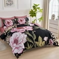 thumbnail image 2 of Floral King Comforter Set 7 Pieces Bed in a Bag, Pink Flower Print on Black Bedding Set, Soft Reversible Comforter with Sheet Set 104"x90", 2 of 7