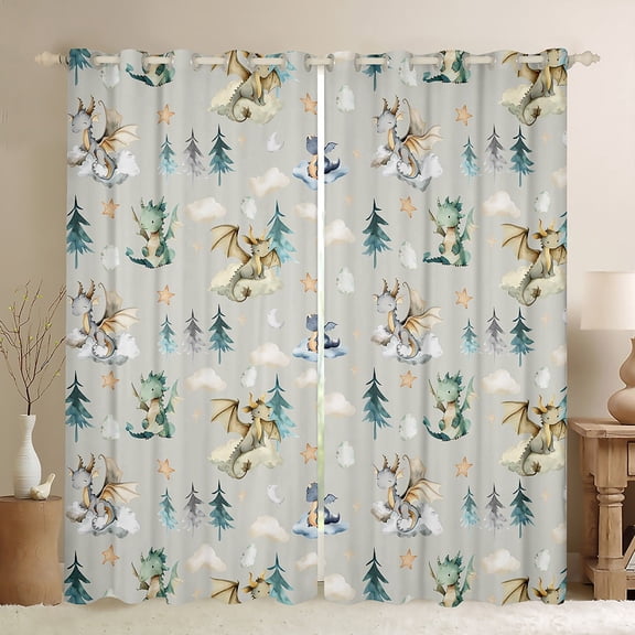Feelyou Magic Dragon Teens Curtains Pack of 2 (42x84 Each), Kawaii Dino Animal Grey Curtains Blackout, Cartoon Cloud Stars Bedroom Curtains, Living Room Curtains Decor