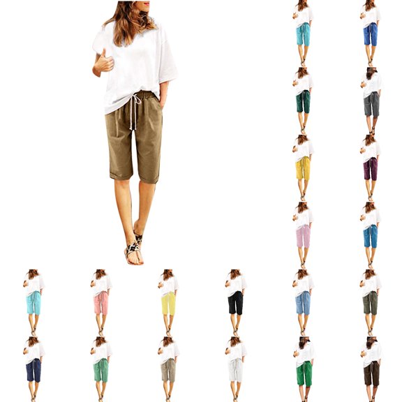 XinghaiYIDE Womens Plus Elastic Waist Shorts Summer Solid Cotton Linen Casual Shorts with Pockets