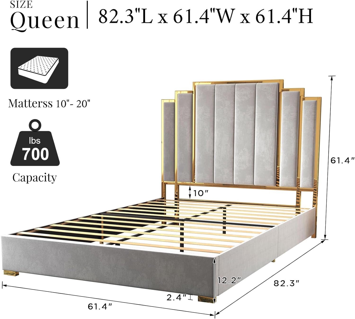 VanAcc Queen Size Platform Bed Frame, 61.4" Velvet Upholstered Bed: with Gold Trim Headboard/Wooden Slats/No Box Spring Needed/Grey