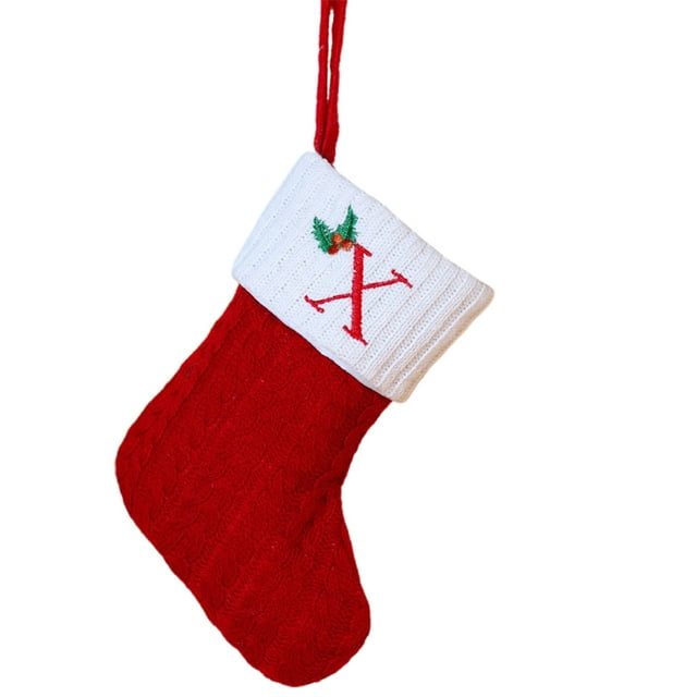 X Christmas Embroidered Letter Socks With Tree Pendant Knitted Red Festive Socks For Holiday Decor And Gift Giving Style X