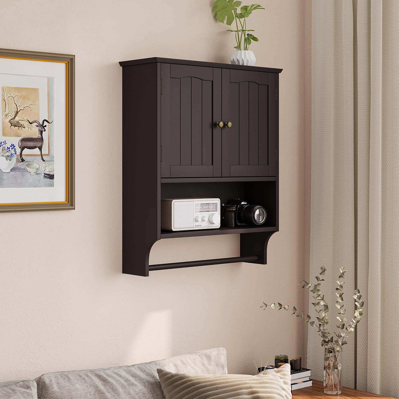 Smuxee Bathroom Storage Cabinets with Doors and Shelves,Towel Bar,over The Toilet Storage,Brown Big