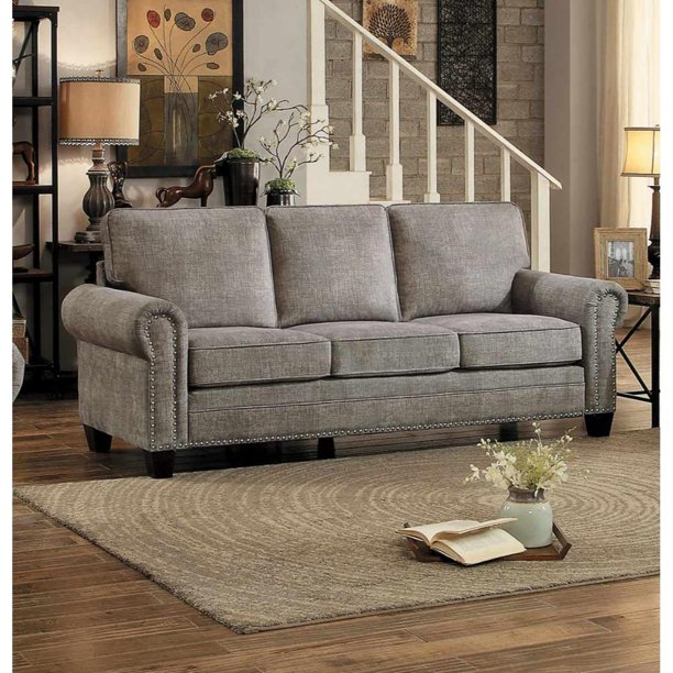 Fabric Upholstered 3-Seat Sofa with Nail head Trim, Sand Gray - Walmart