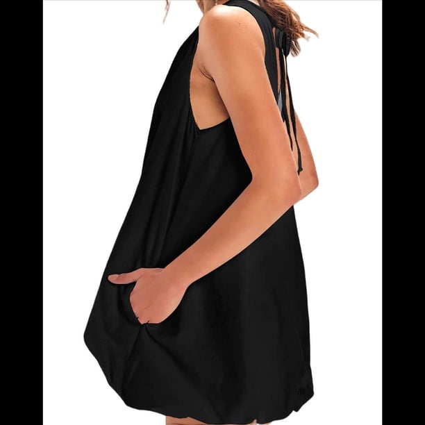 Minivestido de Verano para Mujer, Sin Mangas, con Escote en V, Espalda con Lazo, Cuello Redondo y Bolsillos, Color Negro, Talla L
