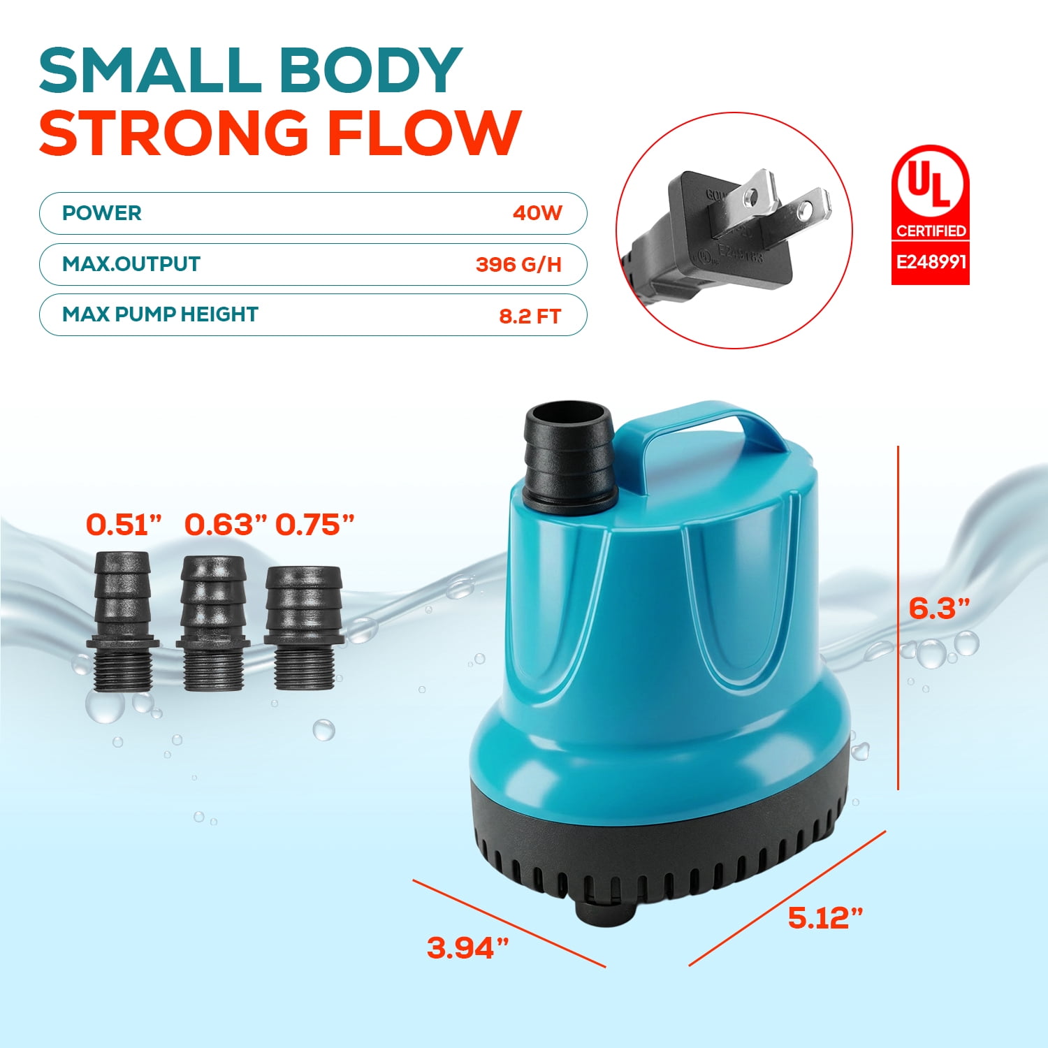396 GPH Bottom Suction Submersible Pump - 40W Ultra-Quiet Water Pump for Aquariums and Fountains, 8.2 ft Max Lift, Low Water Level Drainage Pump for Hydroponics and Fish Tanks