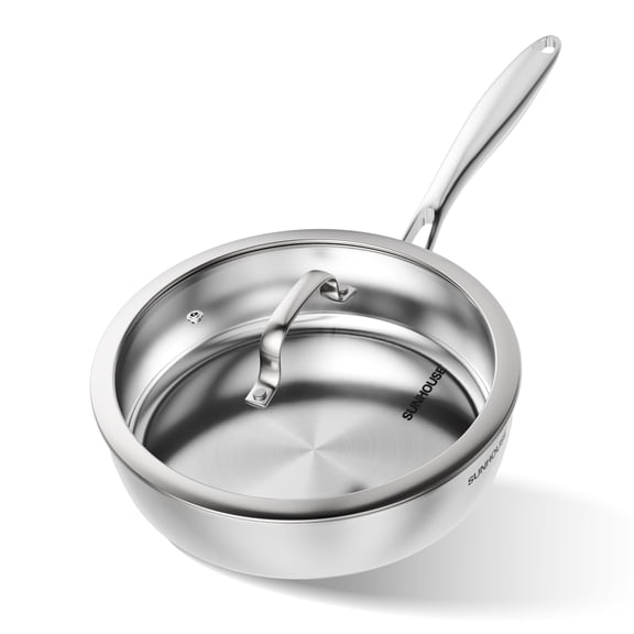 Sunhouse 4 QT Sauté Pan with Lid, Stainless Steel Deep Skillet For Frying