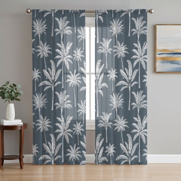 Palm Trees Sheer Curtains 84 Inch Length 2 Panels Set, Summer Tropical Coconut Tree Plants Blue Voile Window Treatment Rod Pocket Curtains Sheers Drapes for Bedroom/Living Room/Kitchen 52"x84"x2