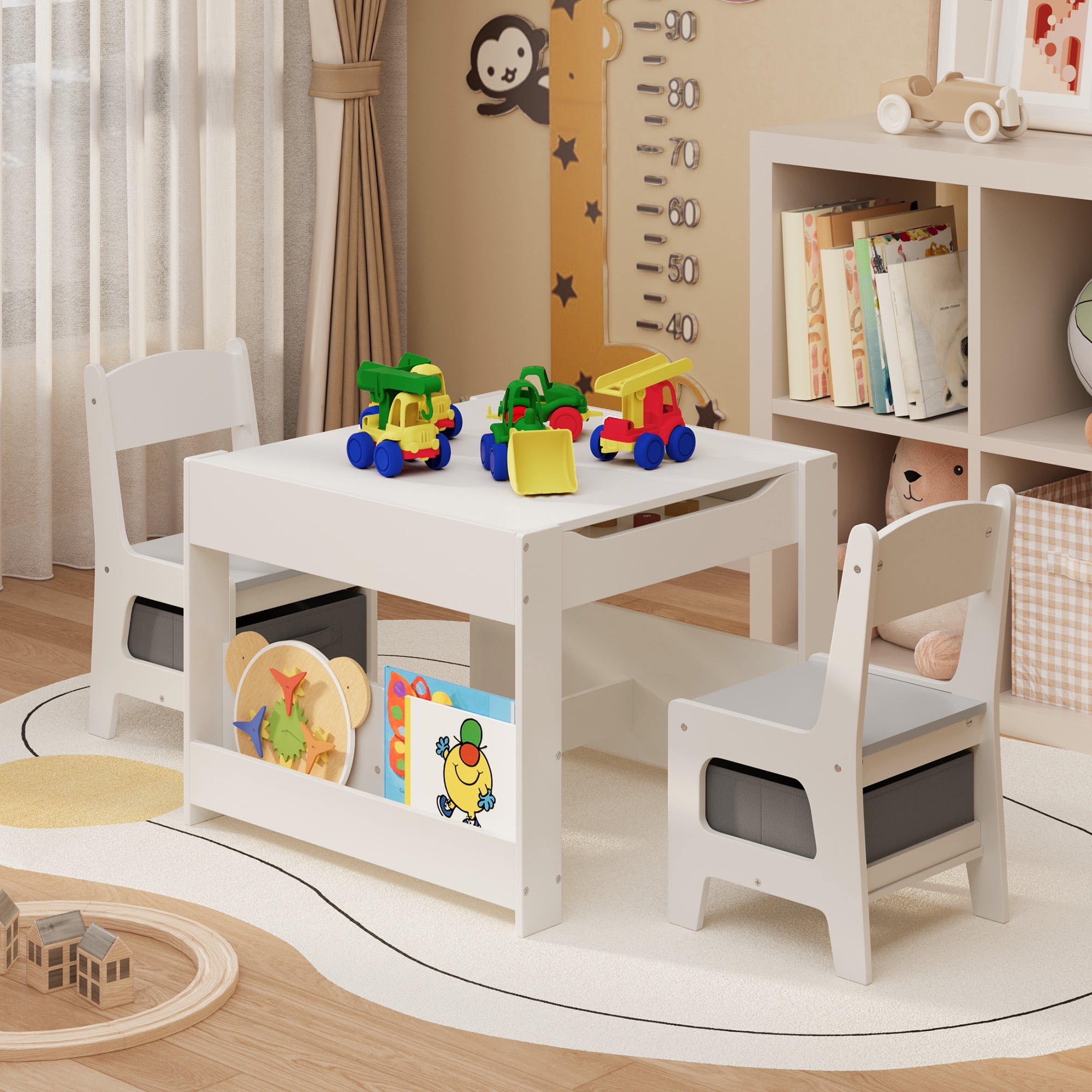 Kids Table and Chairs Set 4-in-1, Noelse Kids Table with Removable Tabletop Storage, Toddler Craft Table for Playing Studying Drawing Eating, Kids Table Set for Kids Room Playroom and Living Room