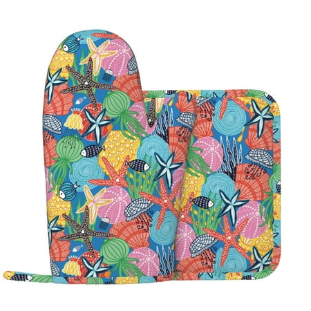 

Colorful starfish Oven Mitts and Pot Holders Sets with 1 Non-Slip Left Silicone Oven Mitts and 1 Heatproof Insulated Hot Pads for Kitchen Use in Cooking Baking Grilling