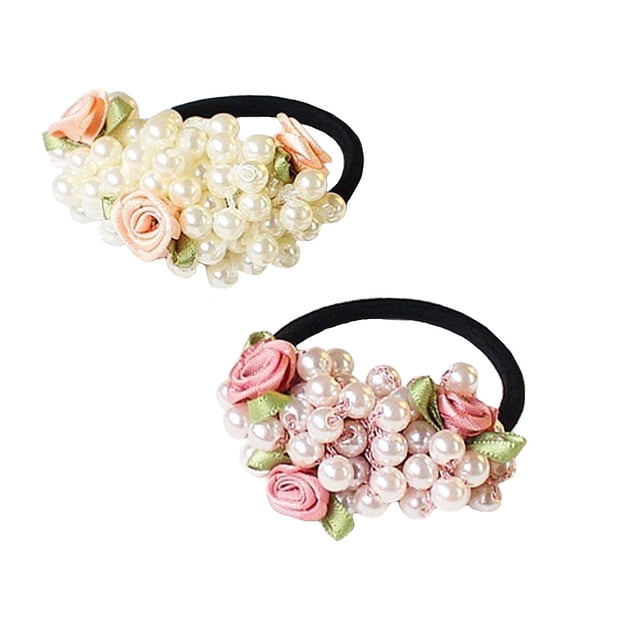 2 Pcs Élastiques à Cheveux Perles Attaches à Cheveux Porte-Queue de Cheval Fleur Rose Attaches à Queue de Cheval Accessoires pour Cheveux pour Femmes Filles