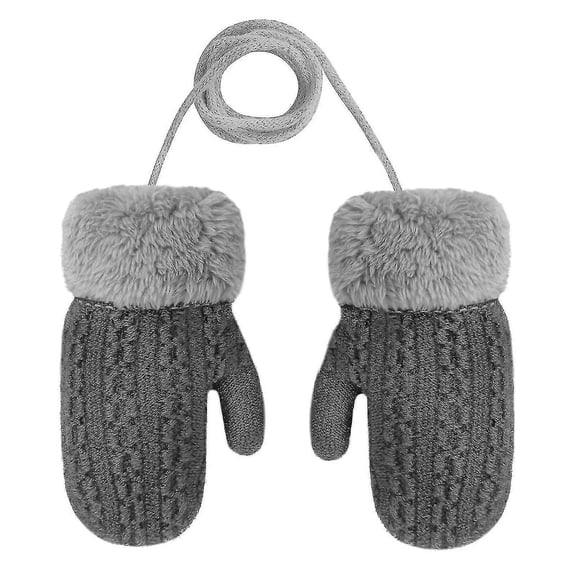 Winter Knitted Gloves With Hang Neck String Thickened Plush Gloves For Child(color:dark Grey)