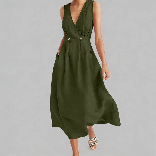 Robes de Soirée Formelles pour Femmes Robe Longue Élégante en Lin Sans Manches à Col en V à Double Boutonnage Fluide Décontractée Taille Haute Évasée Robe d'Été avec Poches Vert G