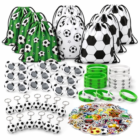 98 Pcs Soccer Party Favors Drawstring Bags Soccer Sunglass, Wristband, Keychains, Stickers for Soccer Party Supplies