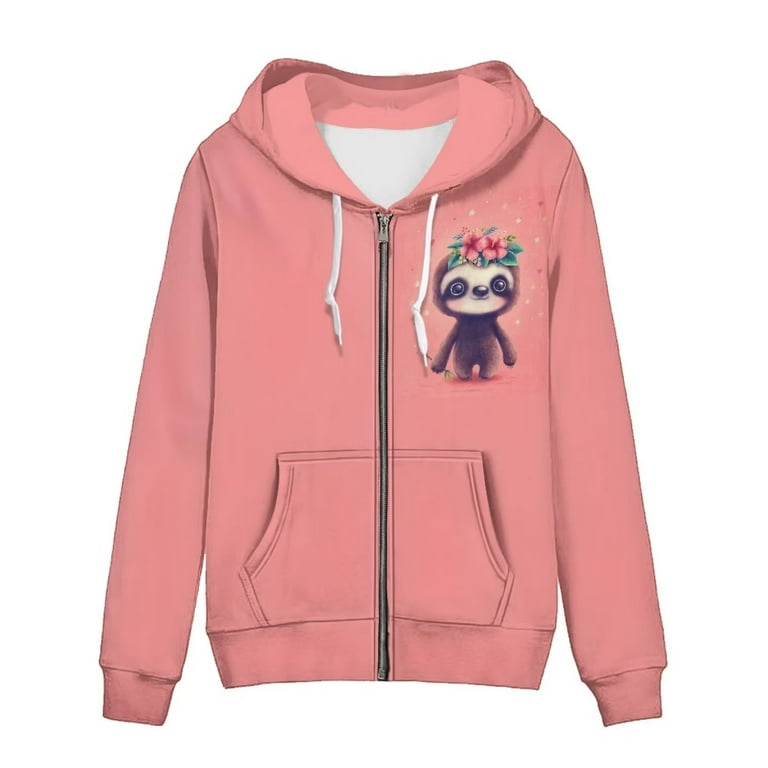Renewold Pink Lightweight Thin Zip Up Hoodies for Women Size L Drawstring Cute Sloth Casual Daily Fall Sweatshirt Outdoor Keep Out the Chill Jacket