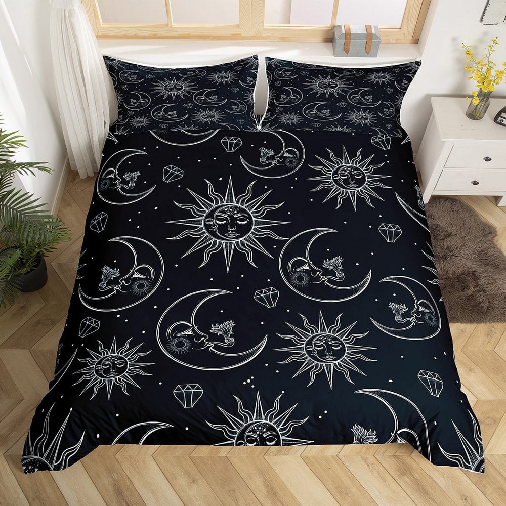 Sun and Moon Duvet Cover Queen Size, Boho Exotic Style Black and White