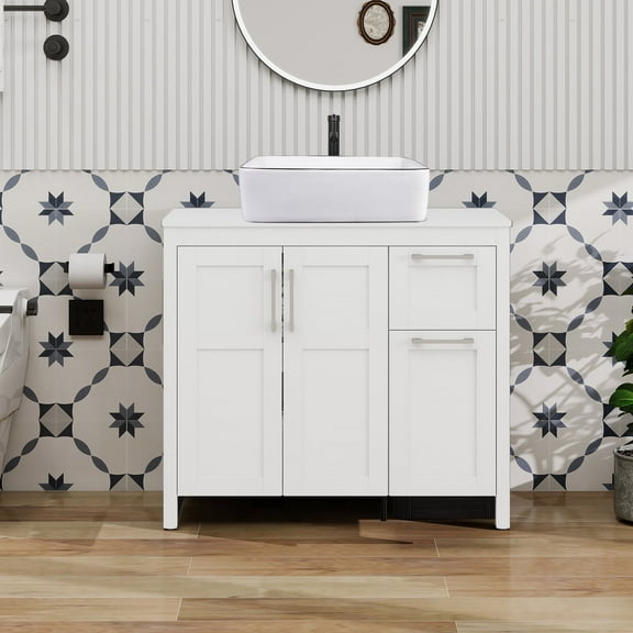 ELECWISH 36 Inches Bathroom Vanity in White Finish with Square Ceramic Vessel Sink, Single Bathroom Vanity with Top, 2-Door Cabinet and 2 Drawers