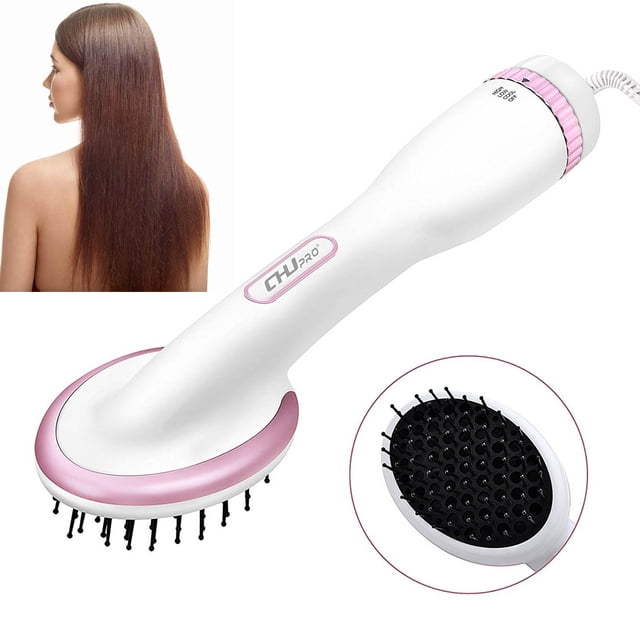 Brosse Sèche-Cheveux Multifonction 2 en 1 Brosse Lissante Ionique Brosse à Cheveux Blanche et Rose, Brosse de Coiffage Chauffante en tourmaline Céramique Centrée pour l'Avant avec Coussinet à Poils Ovales Noirs, Manche Ergonomique Blanc avec Bordure Rose et Anneau de Contrôle, Cordon d'Alimentation de 2,5 m (8,2 Pi) visible; Montré avec un Encart de Cheveux Longs et Raides pour Indiquer le Lissage, Utilisé Souvent comme Outil de Coiffage compact pour le Voyage.