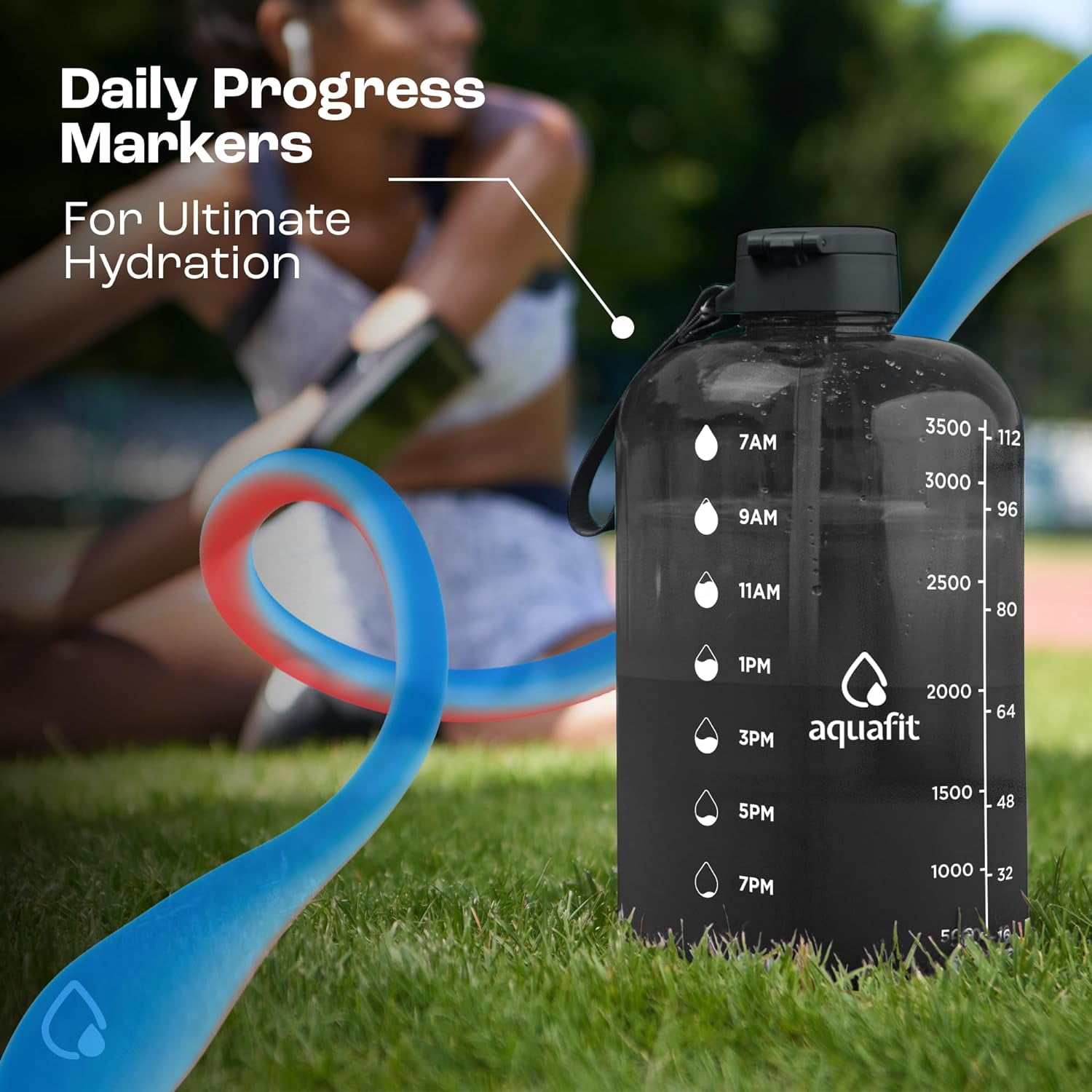 AQUAFIT - Water Bottle with Straw - Motivational Big Water Bottle with Time Marker - 1 Gallon, Gray