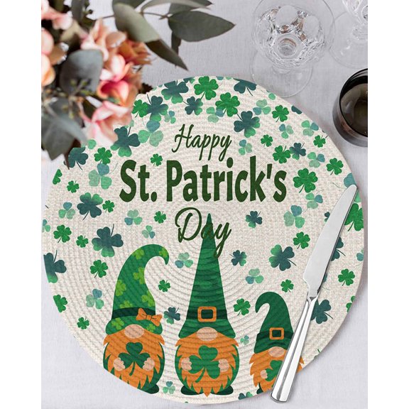 15 Inch Round Placemats Set of 6, St Patricks Day Non Slip Heat Insulation PP Table Mats, Green Shamrock Spring Watercolor Gnomes Beige Washable Place Mats for Kitchen Dining Party Table Decor