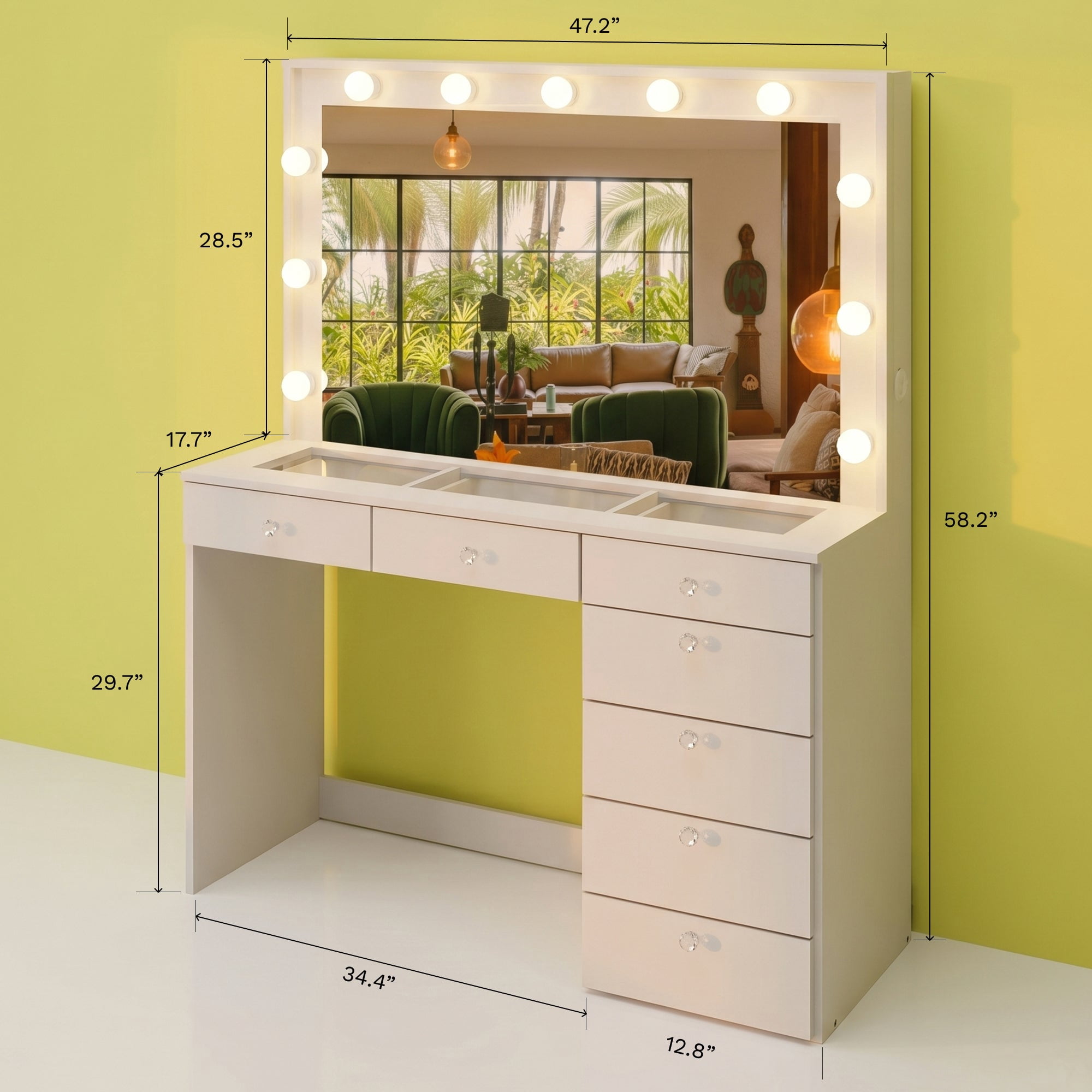 Ember Interiors Ghada White Lighted Makeup Vanity Desk with Charging Station for Bedroom