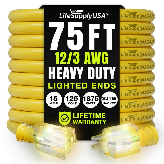 75ft Outdoor/Indoor Extension Cord 12/3 Gauge Extra Heavy Duty 3 Prong SJTW, Waterproof, Flexible Cold-Resistant Long Power Cord,15A 125V 1875W, Yellow by LifeSupplyUSA