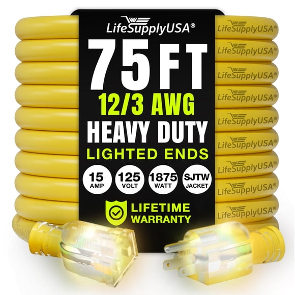 Cable de extensión LifeSupplyUSA, 75 pies, calibre 12/3, 125 V, 1875 W, amarillo