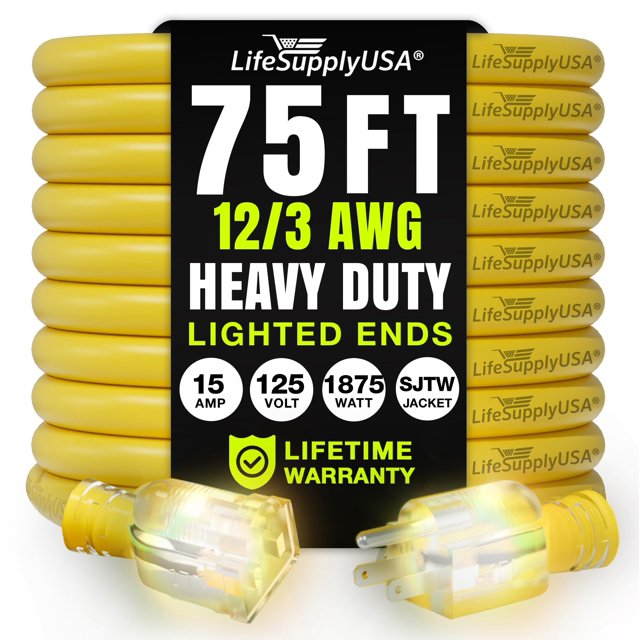 Cable de extensión LifeSupplyUSA, 75 pies, calibre 12/3, 125 V, 1875 W, amarillo