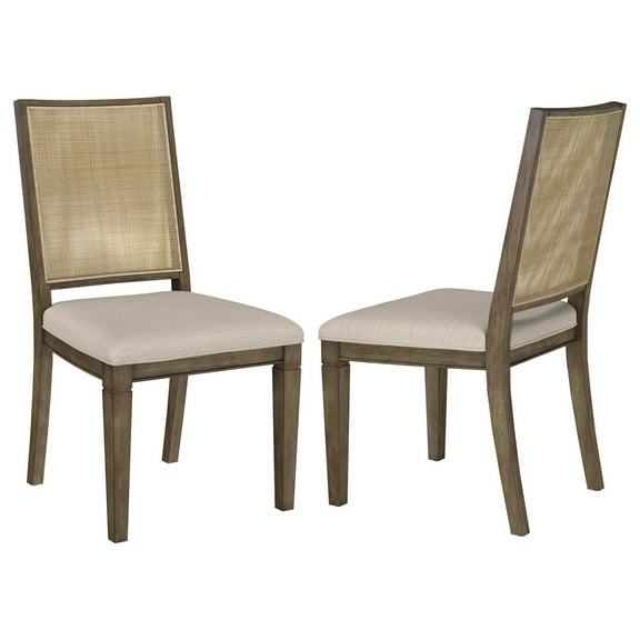 Andy Dining Side Chair Set of 2, Woven Rattan, Gray Fabric, Brown Wood