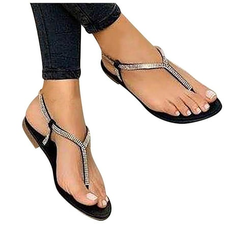 Zanvin Womens Sandals Clearance Rhinestone Sandals Women s Shoes Flat Beach Sandals And Slippers Women  Sandals for Women Dressy Summer  Black  42